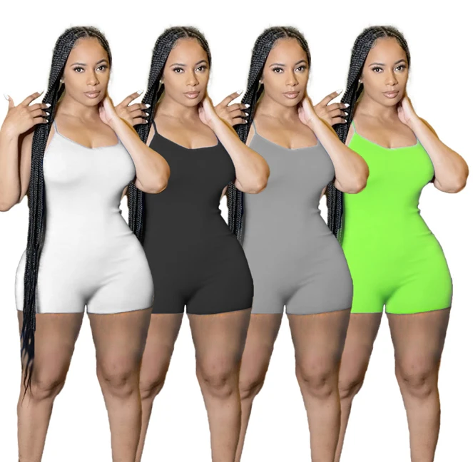 

Ckfashion Lowest Price Womens Clothing 2021 Summer Pure Color Spaghetti Strap One Piece Casual Short Jumpsuits Rompers