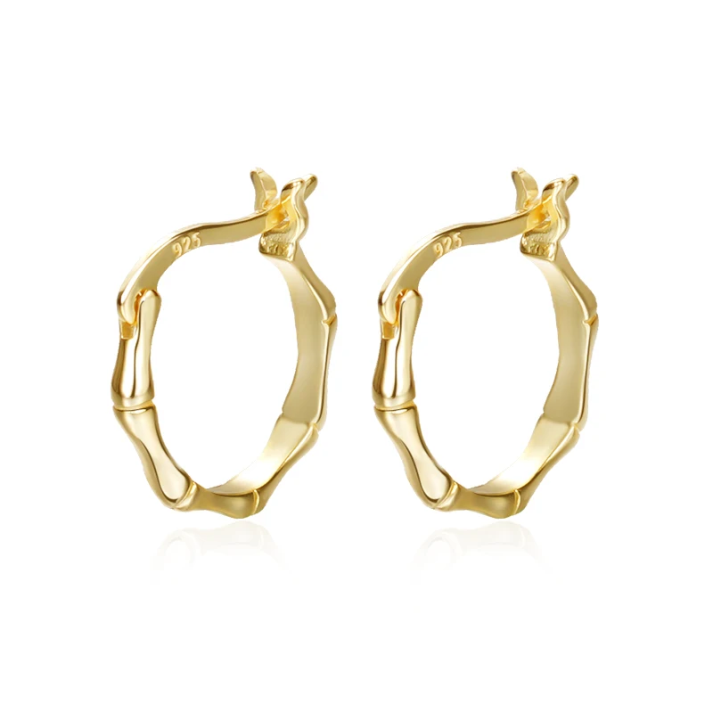 Fashionable Jewelry Women Gold Plated S925 Sterling Silver Bamboo Huggies Hoop Earrings