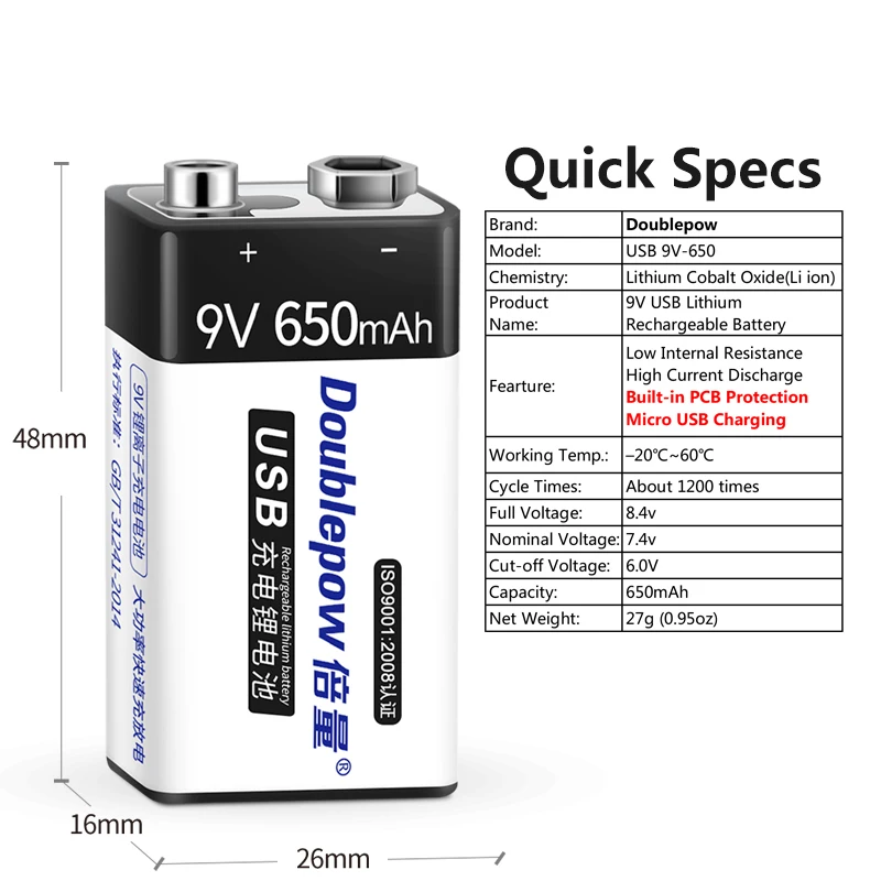 Dicteren Vergelding huurder High Performance 9v 650mah Usb Charging 9 Volt Battery For Electronic  Instrument - Buy 9 Volt Battery,Battery 9v,9v Battery Product on Alibaba.com