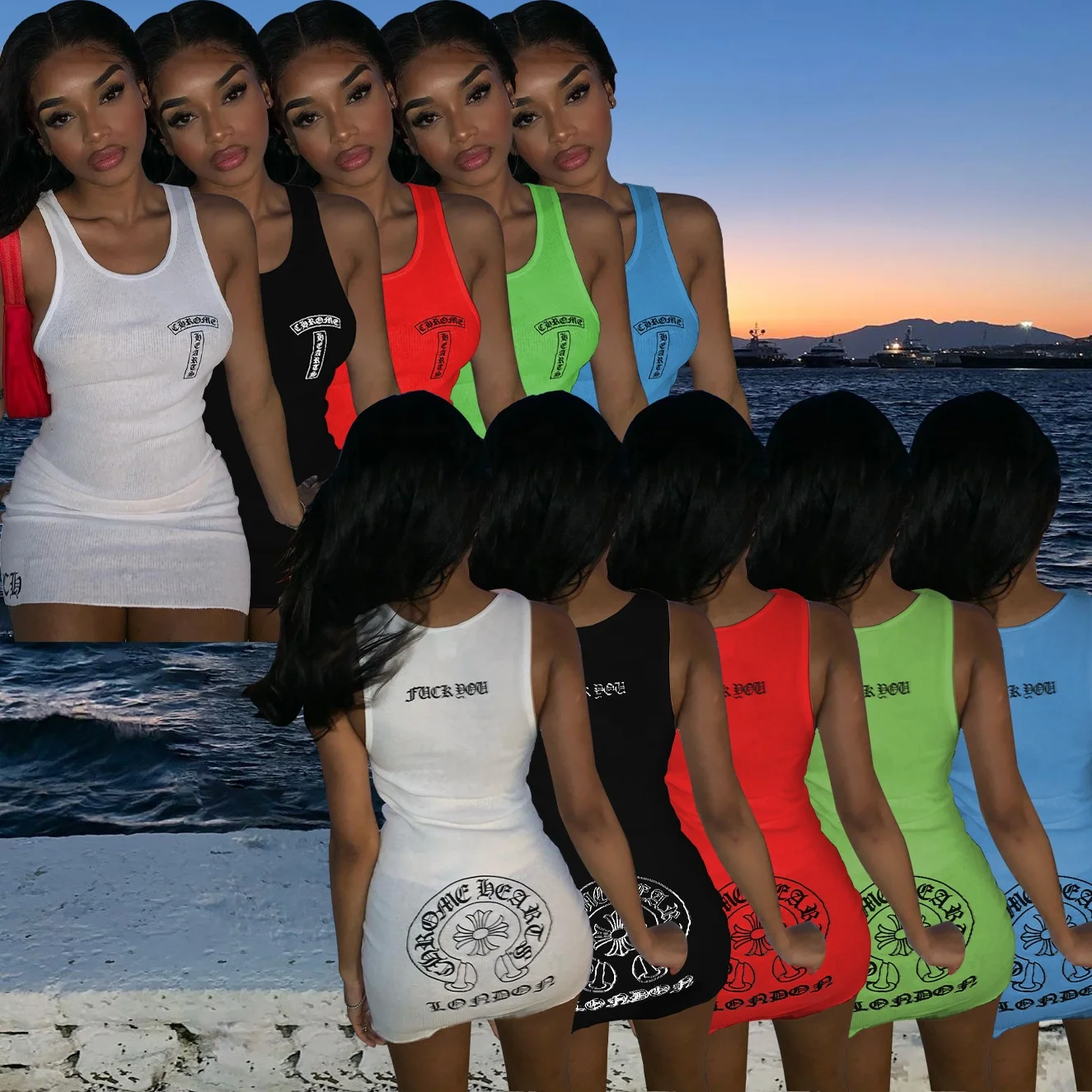 

XLL Summer trending 2021 ladies sleeveless print bodycon t-shirt dresses casual neon clothing for women white tank mini dresses, As picture or customized color