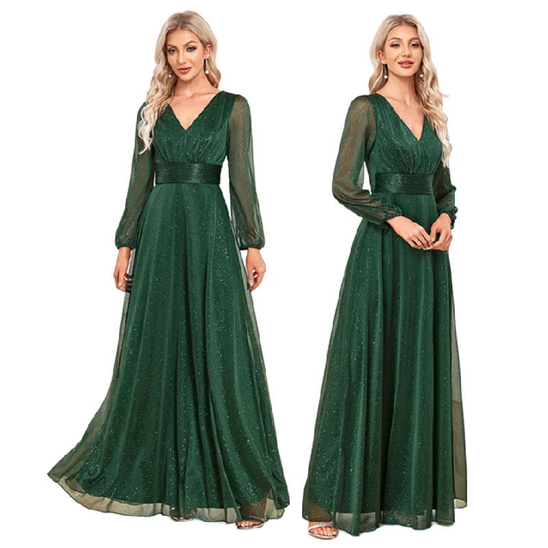 TW00054 Trendy Ladies Bridesmaid Dress V-Neck Shiny Chiffon Dress Long Sleeve Wedding Party Gowns for Women Evening Dresses