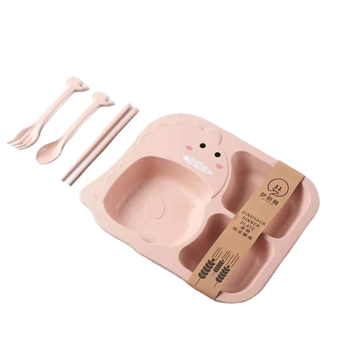 

2020 6-piece Cartoon Animal Wheat Straw Cutlery Bowl Set Environmentally Friendly Kids Dinnerware Set, Customized color