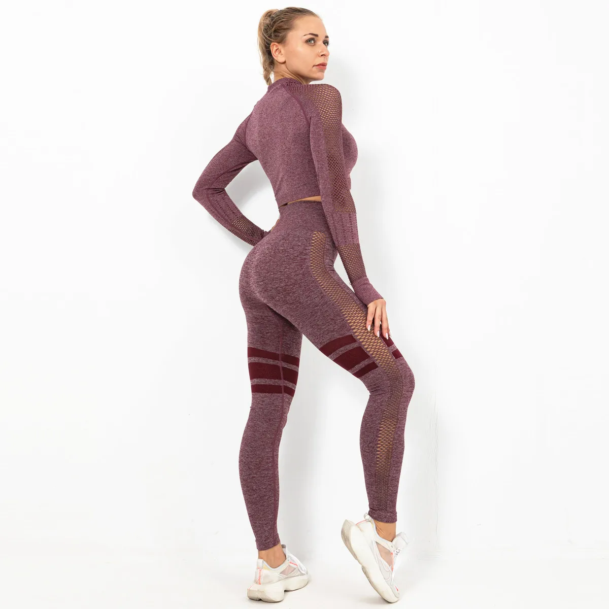

Mesh Patchwork Long-Sleeved Tops and High Waist Leggings 2pcs Yoga Sets Breathable Comfortable Running Fitness Sportswear Suit, Customized colors