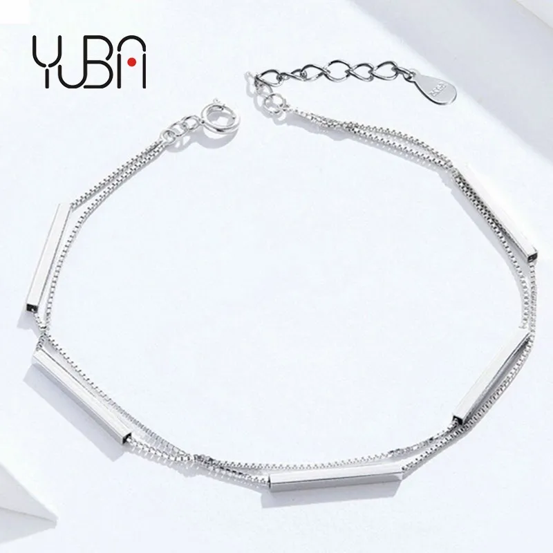 

Simple Design 925 Silver Plated Box Bar Chain Bracelet Layered Silver Color Horizon Blank Bar Linked Bracelets