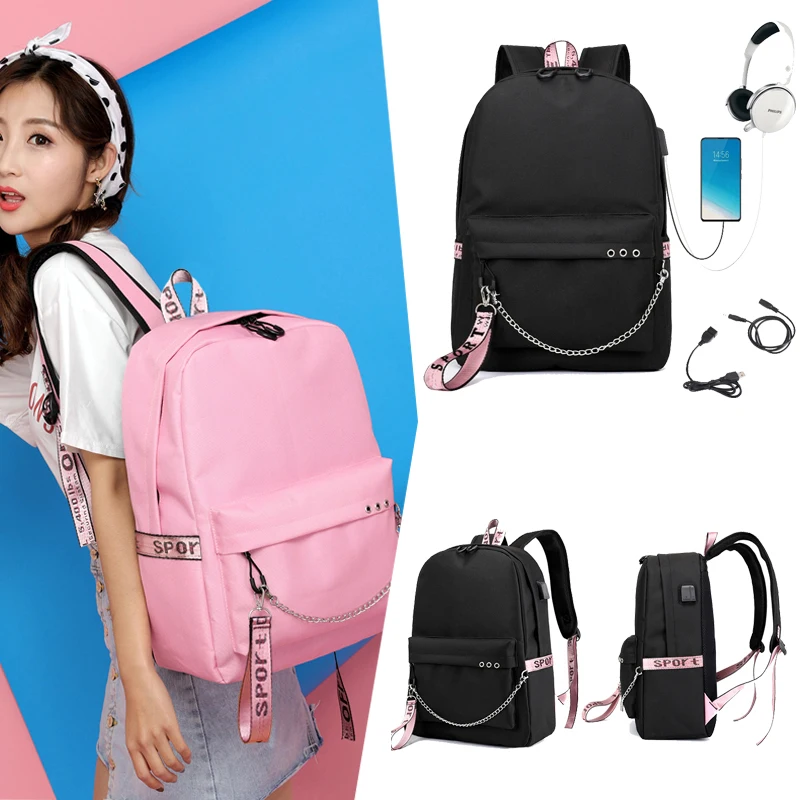 

Wholesale fashion teen college girls cheap big book bags custom logo backpacks with USB port, 3 colors are available