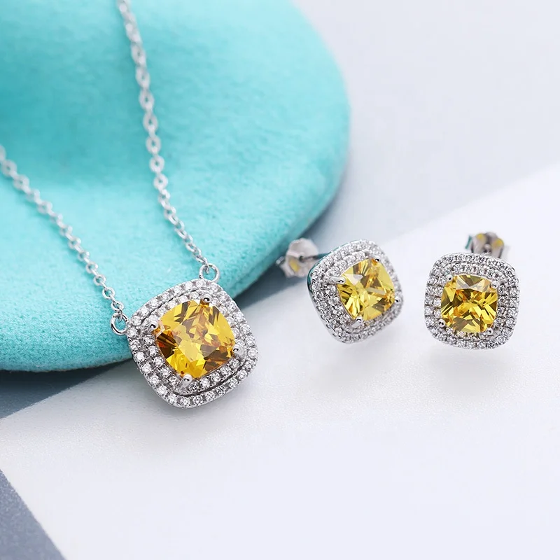 

Manufacturer Direct selling Silver jewelry gemstone Ear Studs yellow sapphire pendant S925 Sterling Silver necklace set