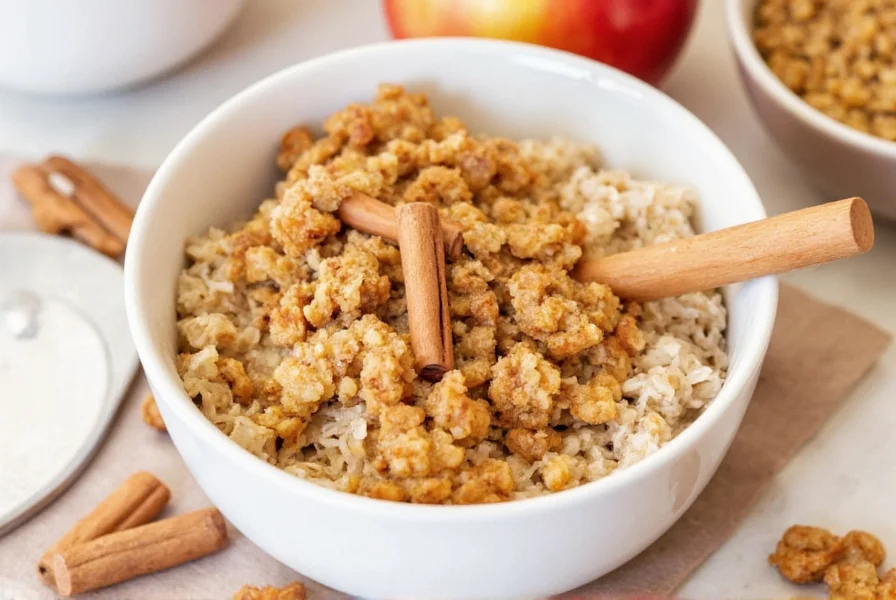 Step-by-step preparation of cinnamon apple oatmeal showing diced apples being added to simmering oats