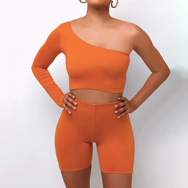 

Shein 2021 women two piece sets single shoulder skinny crop top & shorts sets, Orange/black/khaki