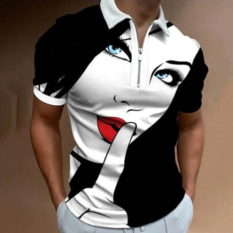 

Summer Men's Clothing Polo Shirts Street Women Face Print Casual Short Sleeve Tee Shirt Men Turn-Down Collar Zipper Polo Tops, Picture shows