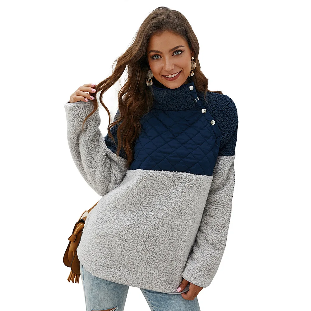 

Cozy Plain Patchwork Turtleneck Pullover Fleece Geometric Pattern Button Long Sleeve Monogram Sherpa Tops, 6 colors in stock also accept customized color