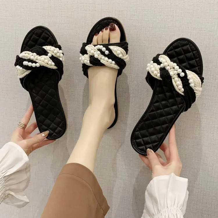 

PDEP 2021 new pearl woven flat slippers women's fashion outdoor sandals and slippers summer ladies sandals, Black