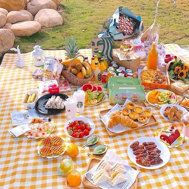 

Low Moq Cheap Oxford Cloth Outdoor Camping Beach Grid Style 150*200 Foldable Picnic Mat Waterproof
