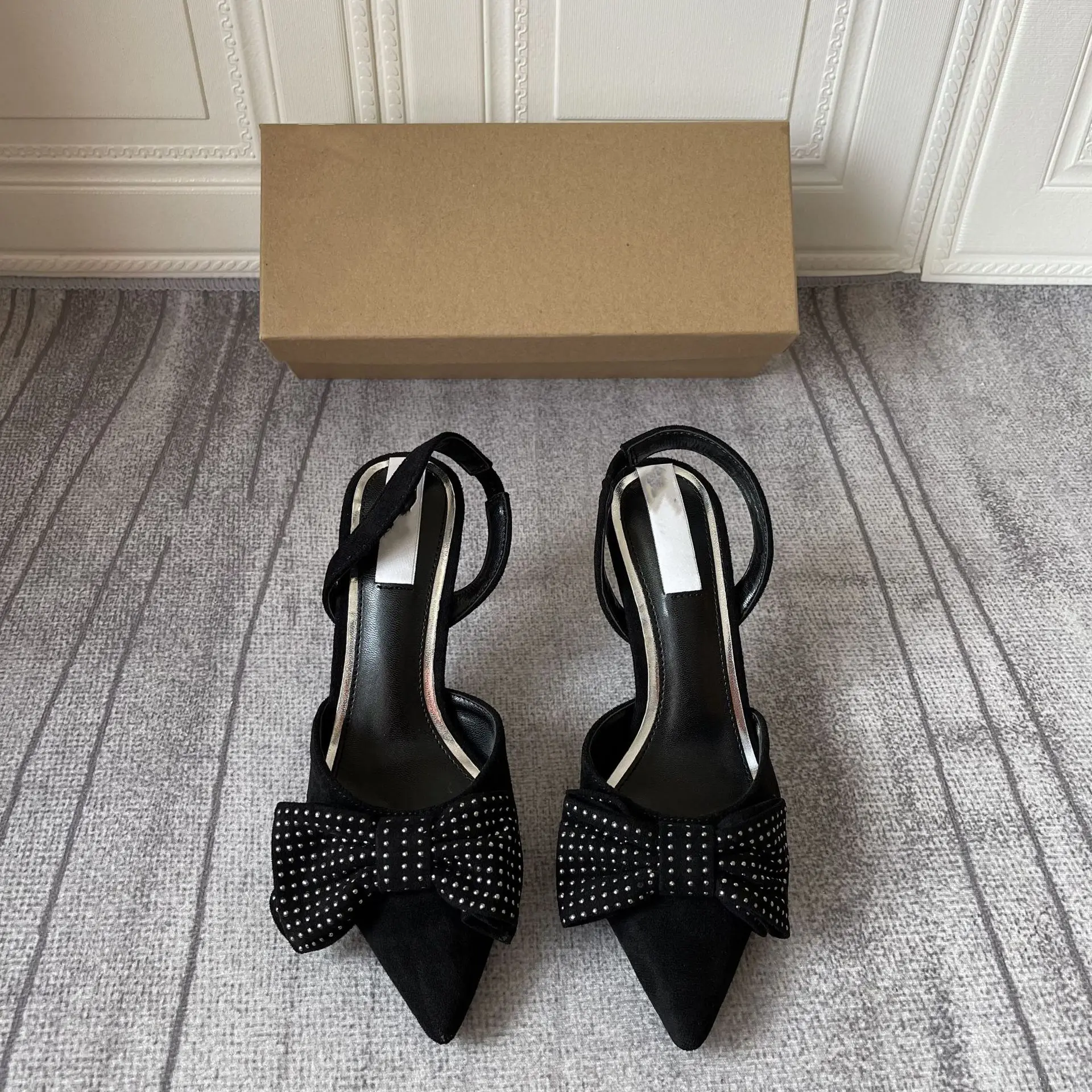 

114495 Deleventh shoes Za summer new pointed women's shoes bow rivets thin heels high heels sandals sexy women's single shoes, Black