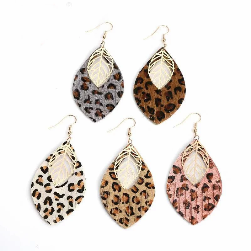 

New 2020 INS Hot Sell Double PU Leather Teardrop Leopard Print Earring For Women, As picture