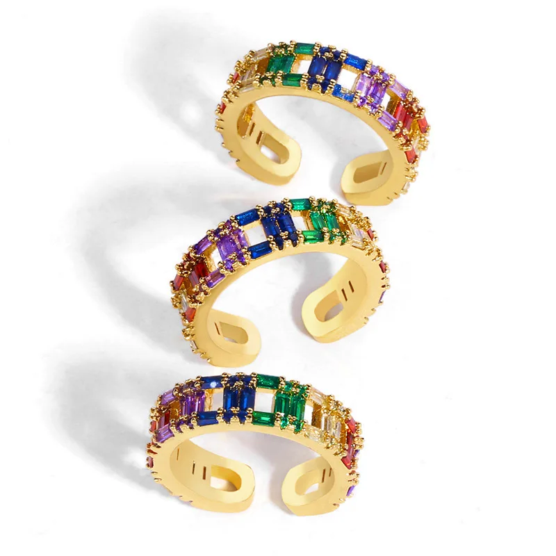 

2021 Sailing Jewelry Rainbow Vintage Open Ring Cubic Zirconia Cuff Rings Adjustable Colorful Zircon Ring, Gold/silver