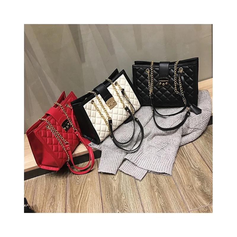 

Large Capacity Ladies Shopping Totes Spring Rhombus Solid Color Shoulder Bag Korean Rrend Travel Bags Texture Chain Purses Bolsa