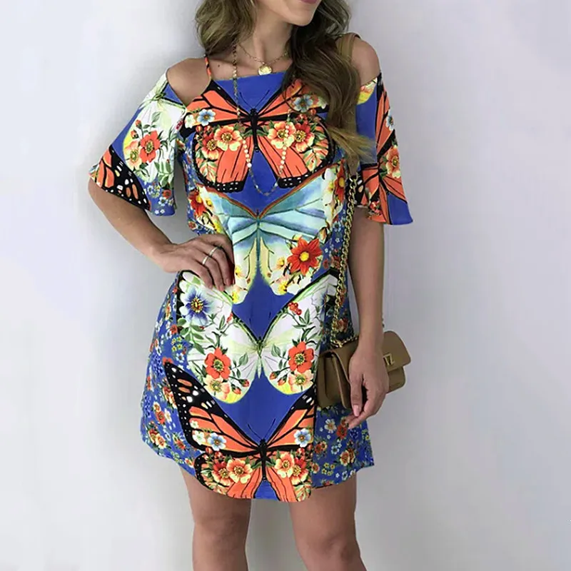 

2021 Fashion Women's Butterfly Positioning Print Back Sexy Hollow Bandage Short Sleeve Dress