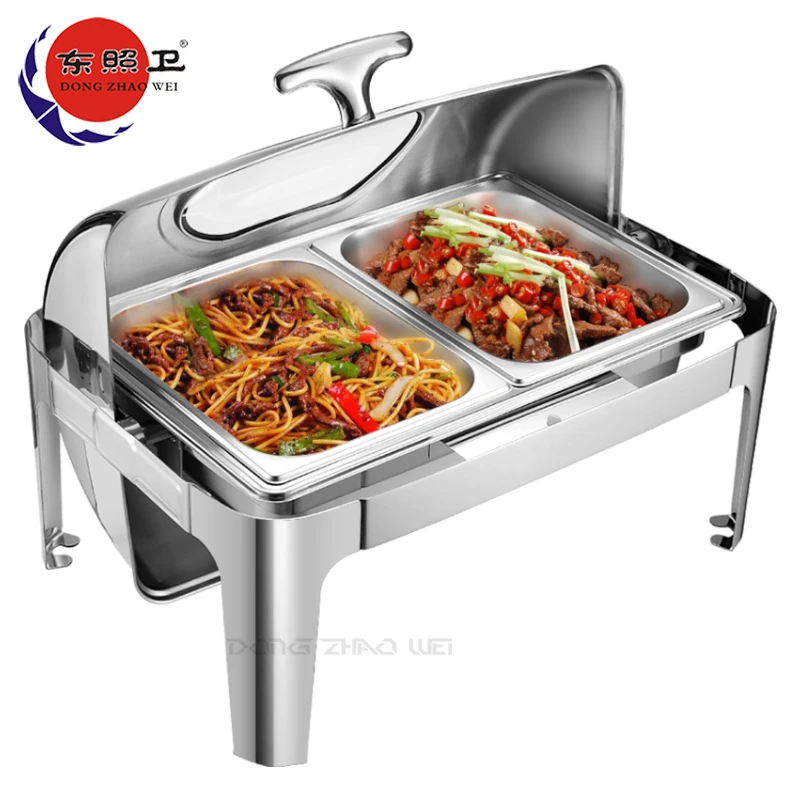 

Hot Sale Hotel Luxury Buffet Rectangular Stainless Steel Double Pans Food Warmer 9L Silver Roll Top Chafing Dish