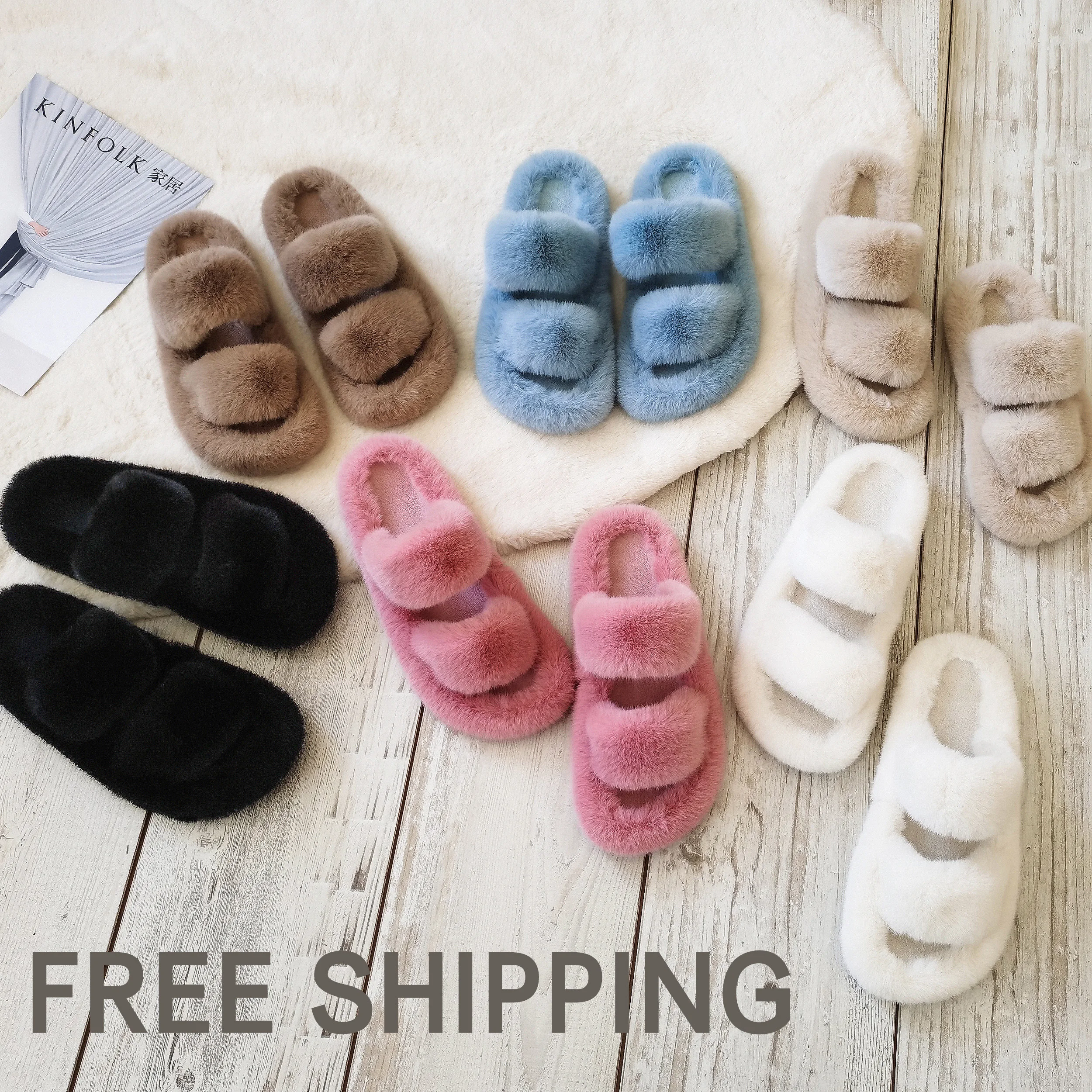 

Free Shipping Luxury Custom Faux Fur Slippers for Women, Factory Custom Fur Slides for Women, Costomized