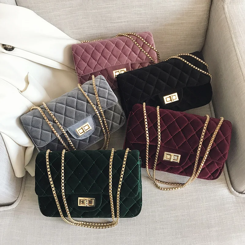 

New fashion cross body purses Velvet chain small square bag with rhomboid checkered over the shoulder bag slanting lady, Accept customizable color