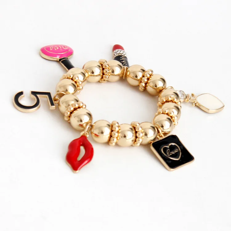 

Adjustable expandable red lip rhinestone lipstick charm gold beads bracelet