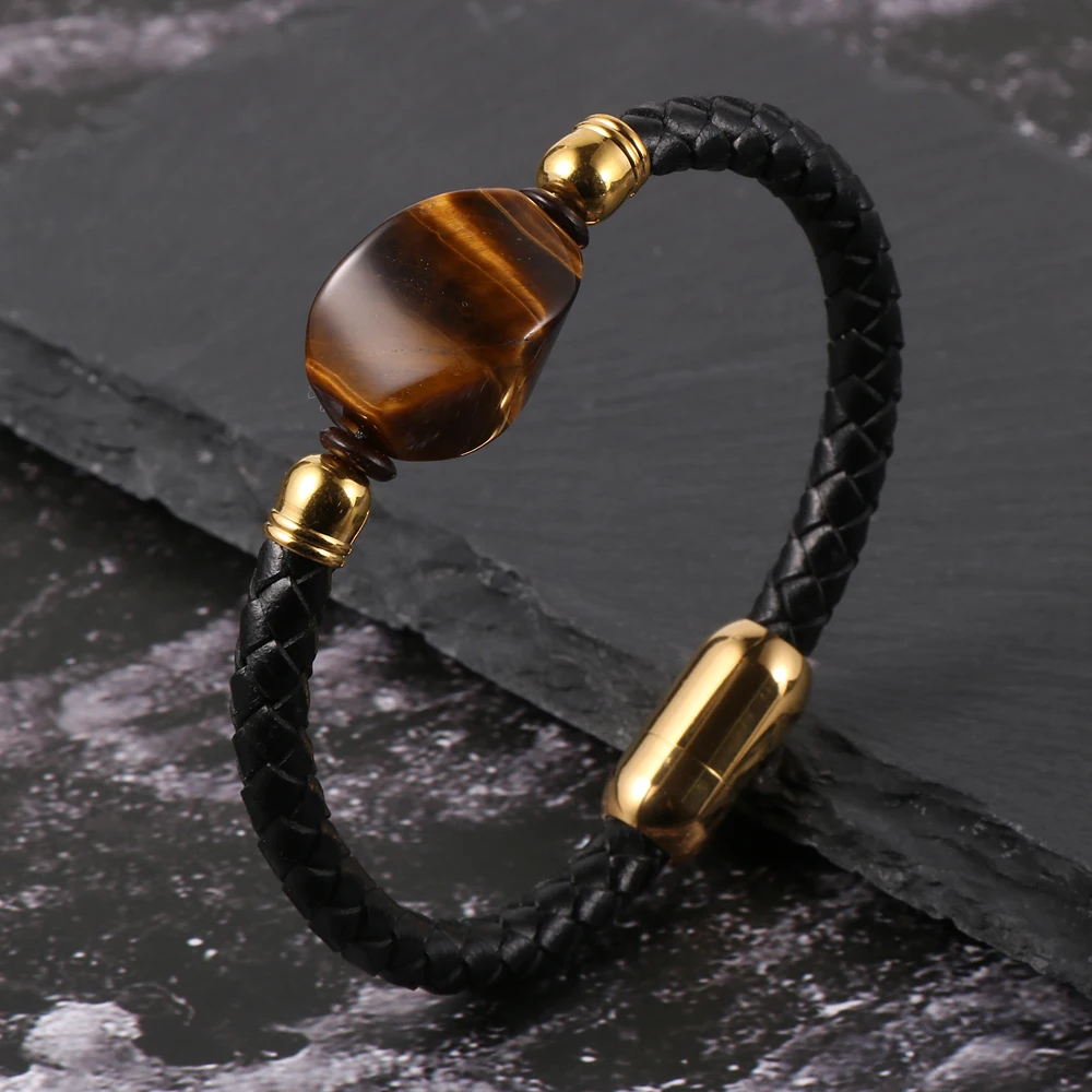 

Irregular Natural Gemstone Tiger Eye Pink Crystal Charm Bangle Braided Genuine Leather Stainless Steel Clasp Men Bracelet