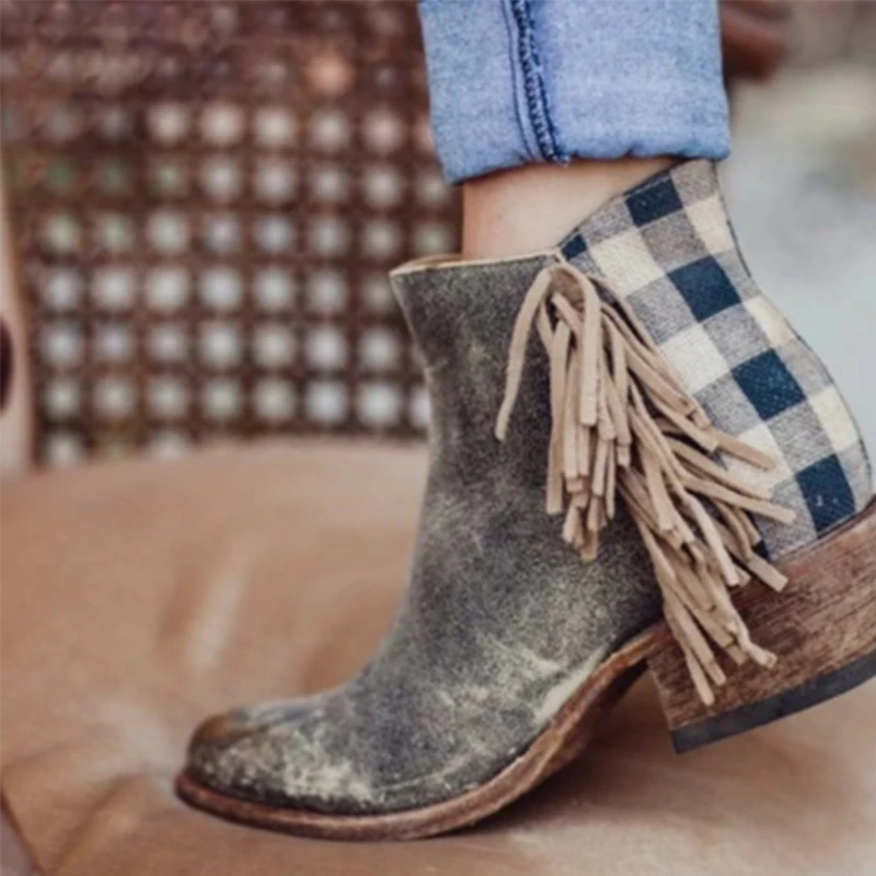 

New Autumn and Winter Fringed Plaid Print Short Boots Thick Mid-Heel Round Toe Side Zipper Women's Boots, Picture showns