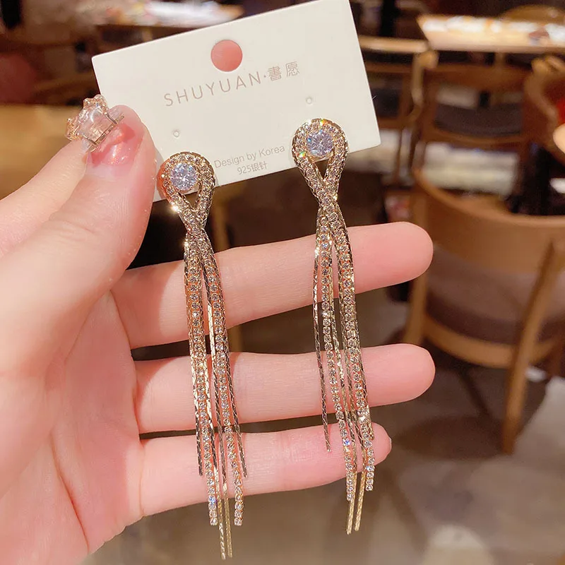 

2021 Fashion Gold Jewelry Plated Aretes Elegant Diamond Drop Earring Double Hoop Circle Rhinestone Earrings for Women, 1 colors