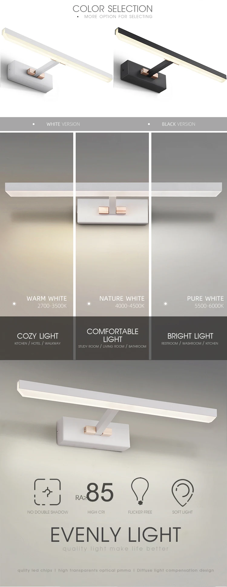 12W mirror light led free rotation nordic led lamp for mirror surface mount home light led wall light