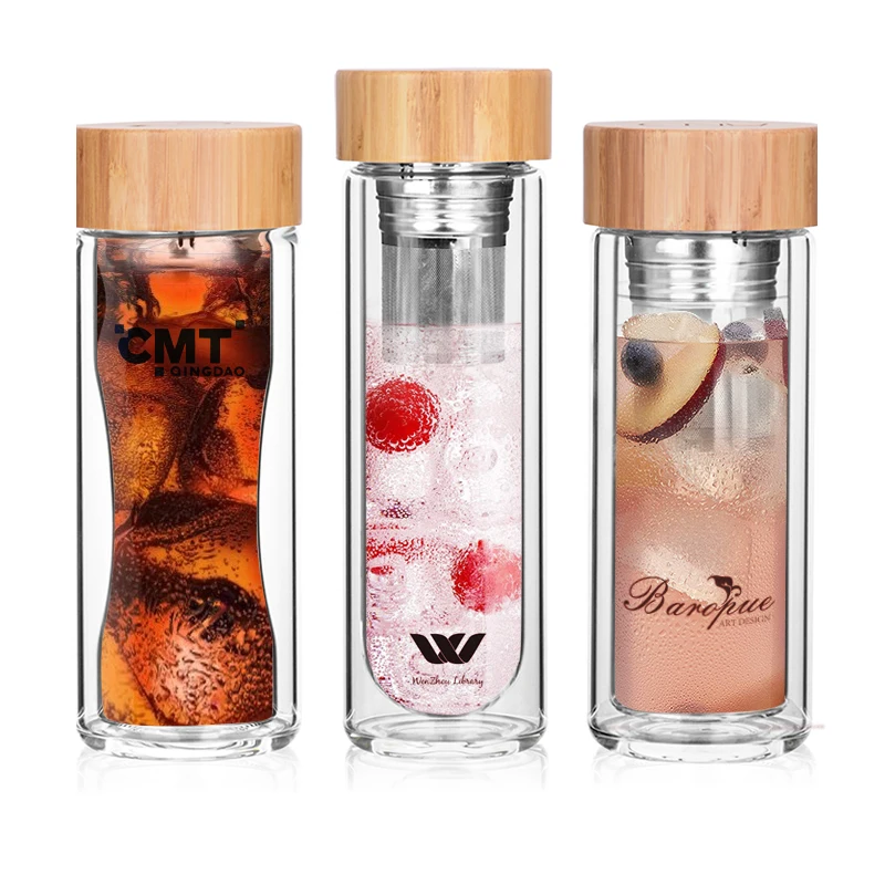 

750ml Double wall thermos borosilicate fruit infuser glass water bottle