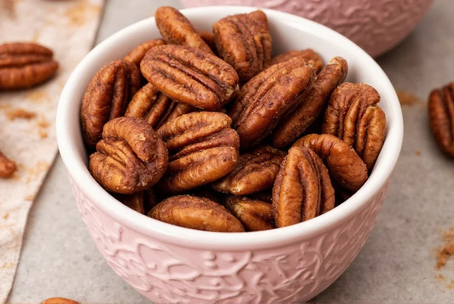 Close-up of glossy cinnamon pecans cooling on parchment paper after baking, golden brown with visible spice coating