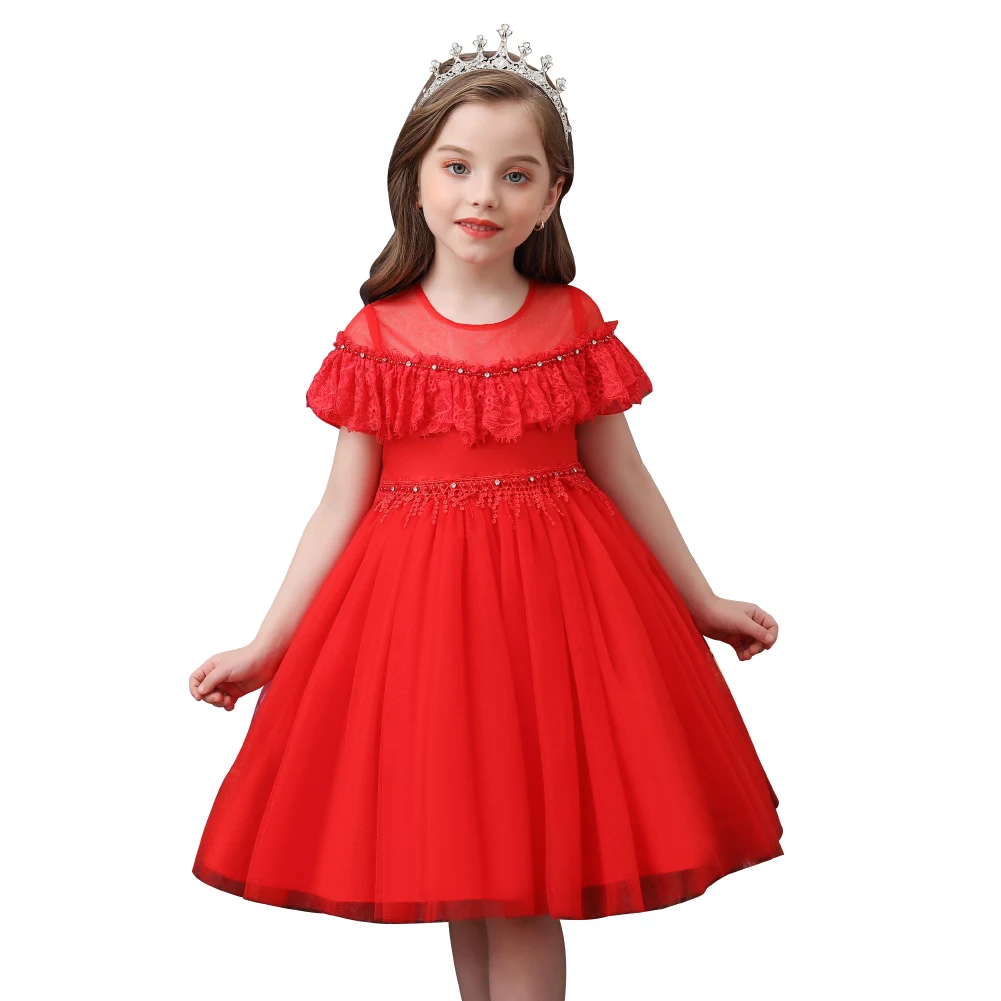 

Child lovely crew neck short sleeve little girl dress for kids red beautiful fashion baby girl birthday dresses elegant