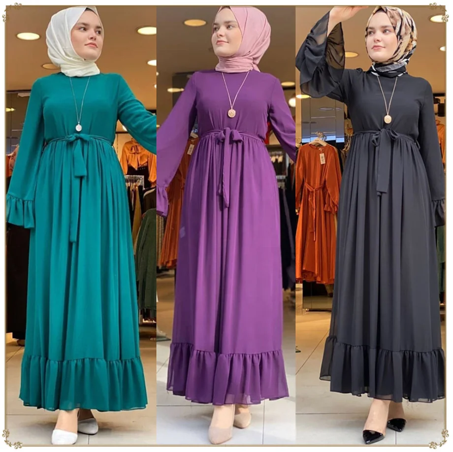 

New Arrival Abaya Dubai Muslim Clothing Long Sleeve Chiffon Middle Eastern Islamic Muslim Women Dress for Ladies