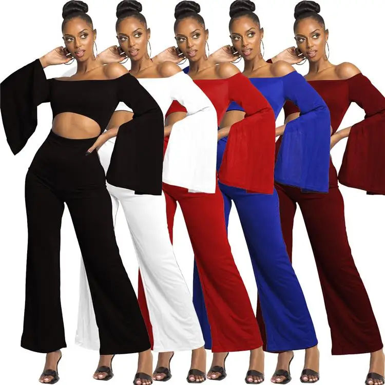 

2020 Arrivals Ladies Jumpsuits Rompers Sexy Off Shoulder Hollow Out Wide Leg Pants Women Clothing One Piece Women Jumpsuit, Picture