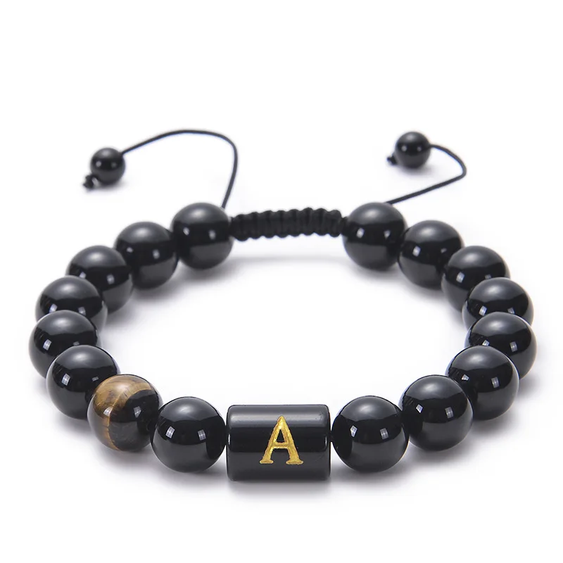 

10mm Mens Beaded Initial Bracelet Handmade Adjustable Braided Rope Gemstone Bracelets Natural Stone Tiger Eye Black Agate