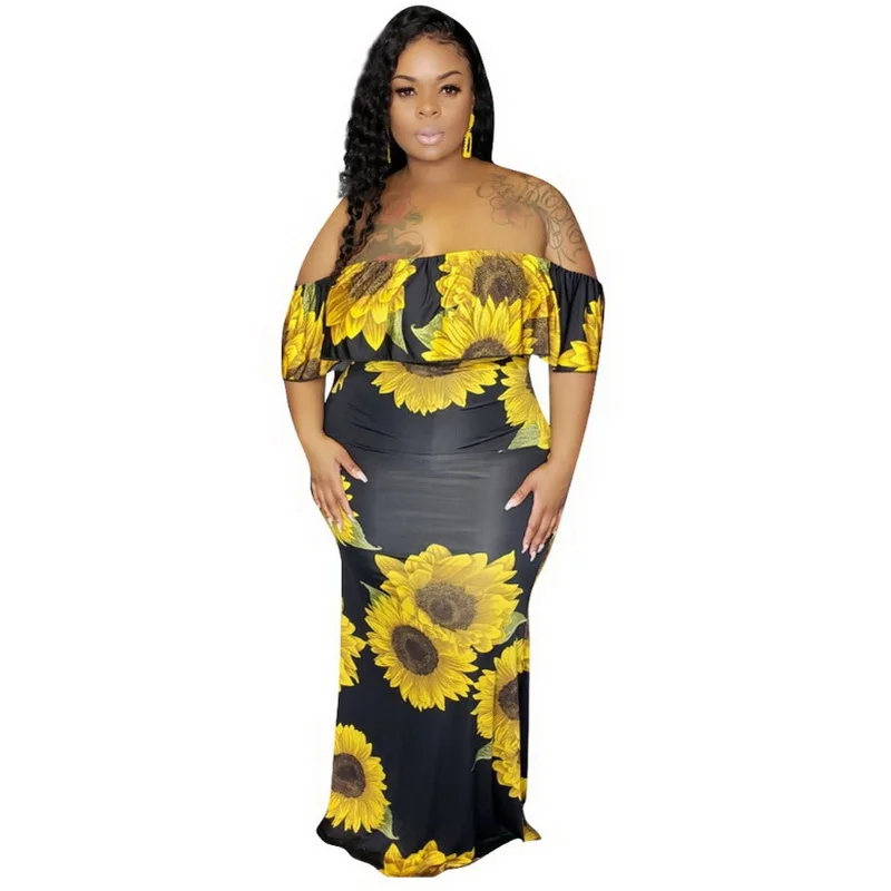 

Amazon Sexy Big Size Dress Female Sunflower Printed Black Bottom Wrapped Breast and Back Fashion skirt, As picture