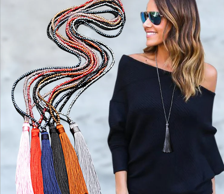 

faceted glass crystal beads necklace with tassel women long sweater necklace fashion lady crystal tassle costume jewelry, As picture