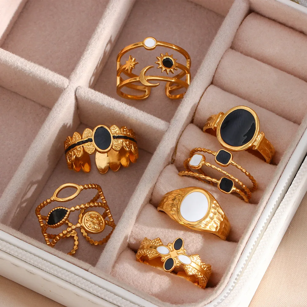 

Fashion 2023 Dainty Boho Vintage Star Midi Moon rings Jewelry Women Black White Dripping Oil Gold Stainless Steel Rings