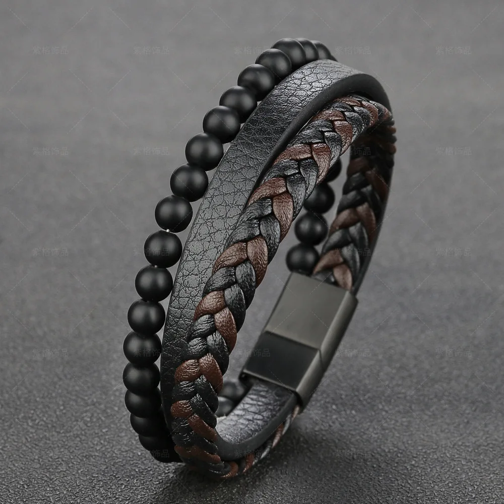 

Best Selling Stainless Steel Magnetic Clasp Matte Natural Stone Beaded Bracelet Multilayer Braided Leather Wrap Bracelet
