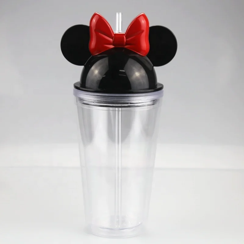 

US Local Warehouse Customized Double Wall Reusable PS Plastic Tumbler Kids Clear 16OZ Minnie Ear Plastic Tumbler Cups