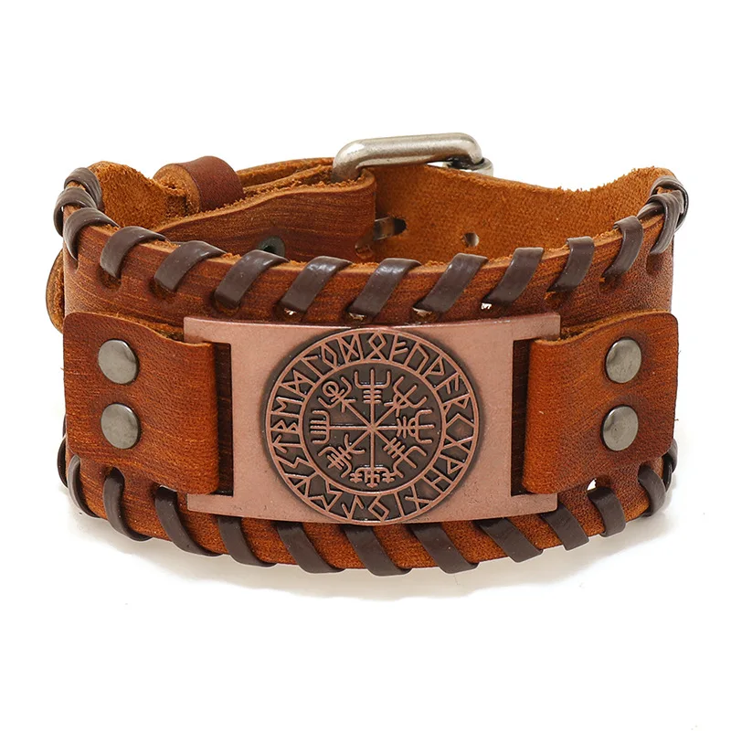 

Men Pirate Vintage Retro North Viking Letters Compass Embossed Adjustable Wide Genuine Leather Wrap Bracelet