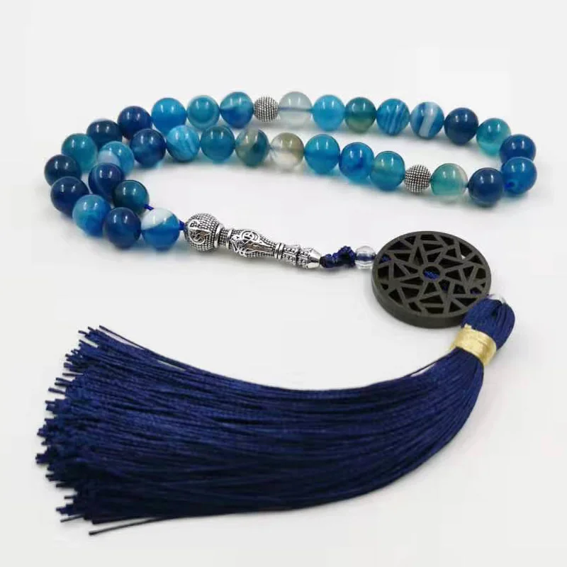 

Natural Blue agate stone Tasbih prayer beads Misbaha 33 66 99beads New styles Cotton Tassel Professional Muslim Man's rosary