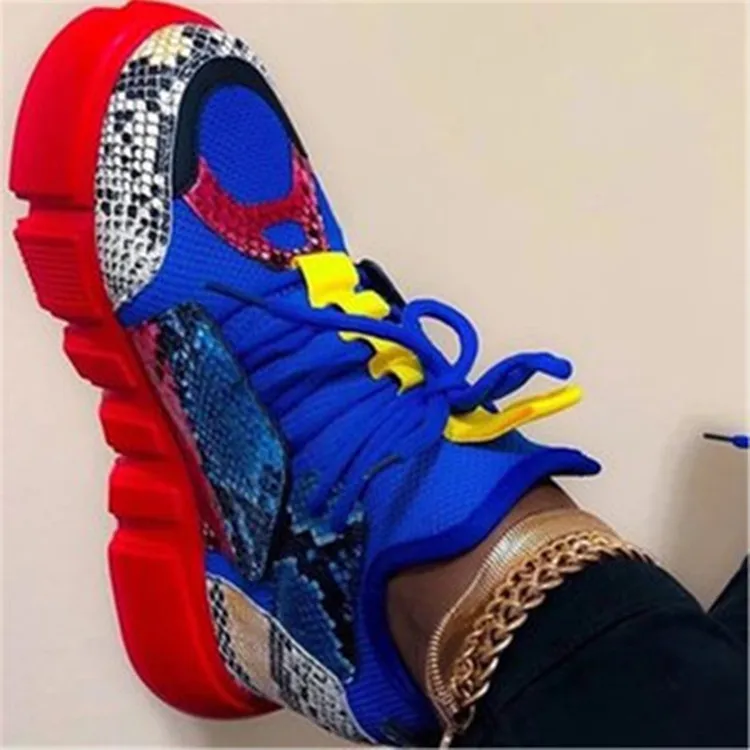 

2021 Women Vulcanize Sneakers Platform Mid Heel Snake Skin Patchwork Lace Up Casual Shoes Zapatos De Mujer, Yellow ,blue
