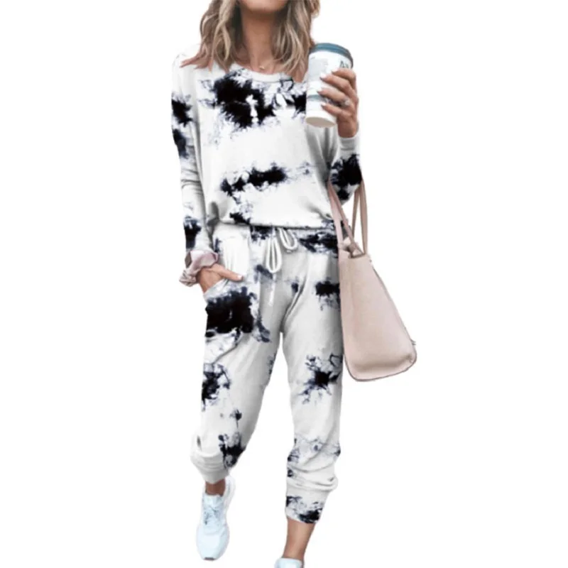 

2Pcs Loungewear Women Pajama Set Tie Dye Jogger Suit Long Sleeve Round Neck Pants Sleepwear Loungewear Pyjamas Women HomeWear, Picture shows