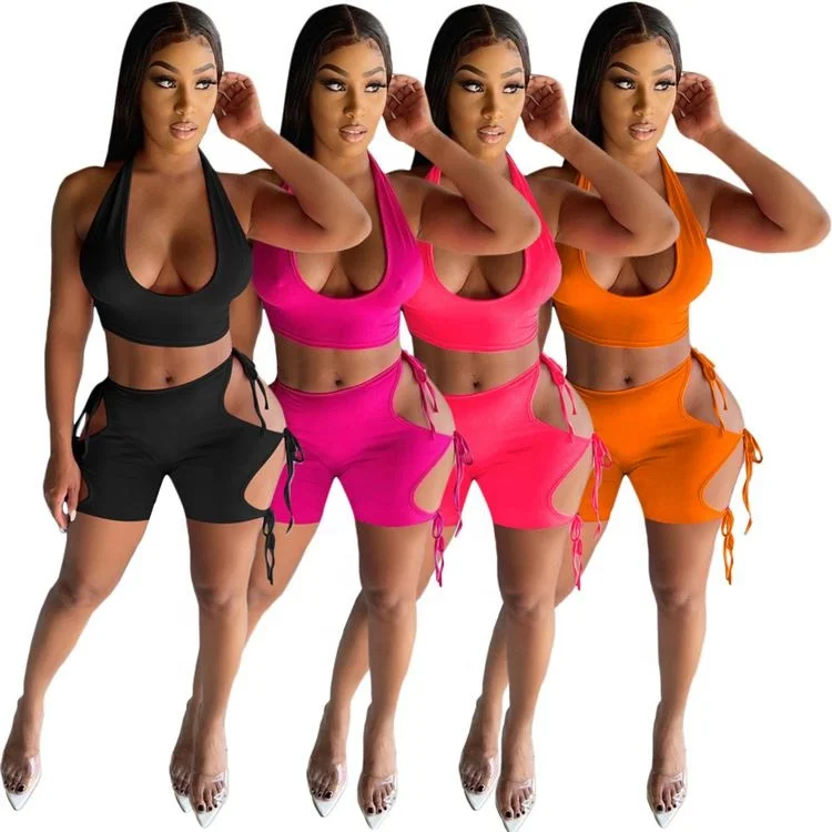 

2021 Women Sexy Two Piece Set Cropped Hollow Out Bandage Plus Size Backless Outfits, Picture shown