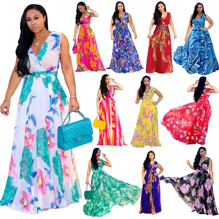 

African Kitenge Dress Designs Ladies Dress Casual Sleeveless Floral Summer Long Maxi Dress Woman Fashion, 12 colors