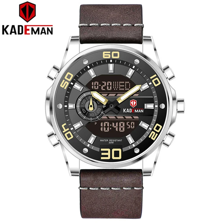 

KADEMAN 6156G Fashion Watch Men Sport Quartz Dual Display Top Brand Luxury Business Wristwatch Waterproof Leather Male Relogio