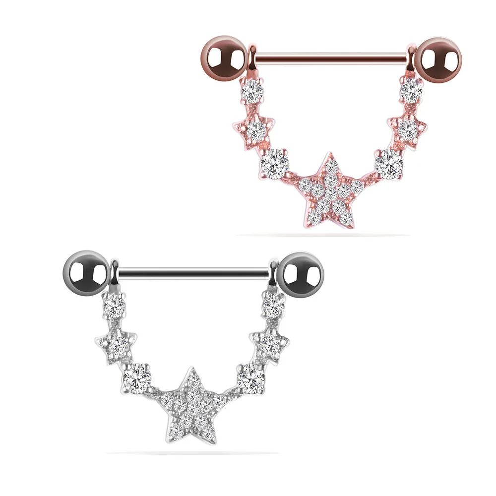

2022 Sexy 2pcs Surgical Breast Piercing Jewelry Zircon Encrusted Five Pointed Star Stainless Steel Tongue Nipple Rings For Women, Silver,rose gold