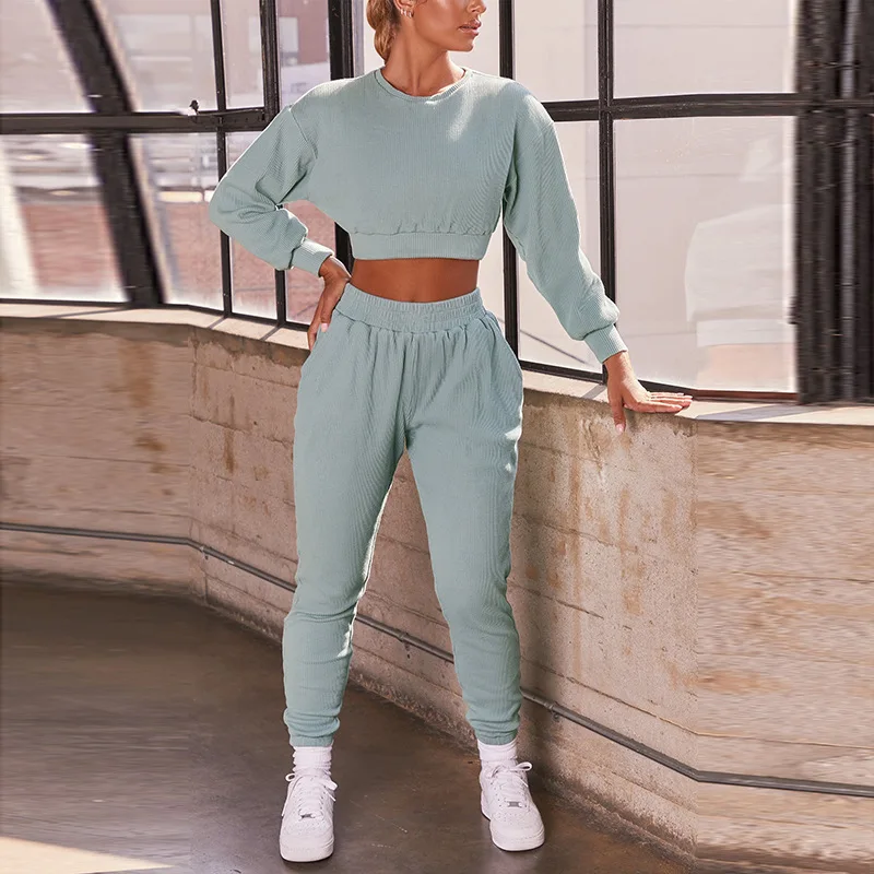 

cotton spandex ribbed crop top ladies Jogging sportswear Clothes sports jogger sweat track suit tracksuit set 2 piece for women