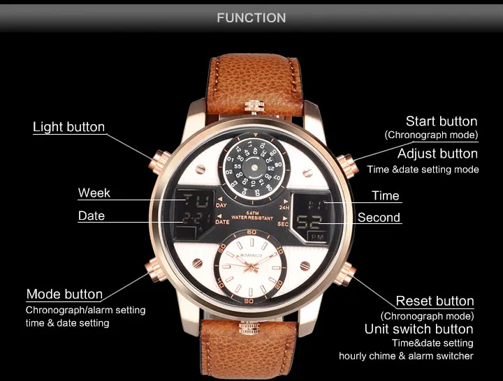 男士石英手表3时区手表BOAMIGO LED数字运动手表男皮革手表男士时钟F545